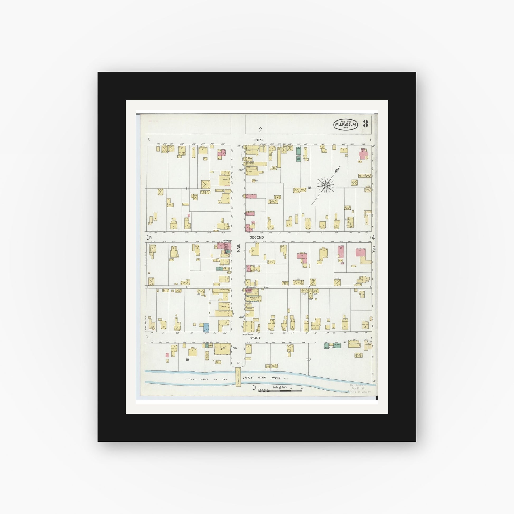 Old map wall art mockup — black gallery frame with white mat — Sanborn Fire Insurance Map from Williamsburg, Clermont County, Ohio (1900), Sheet #0003