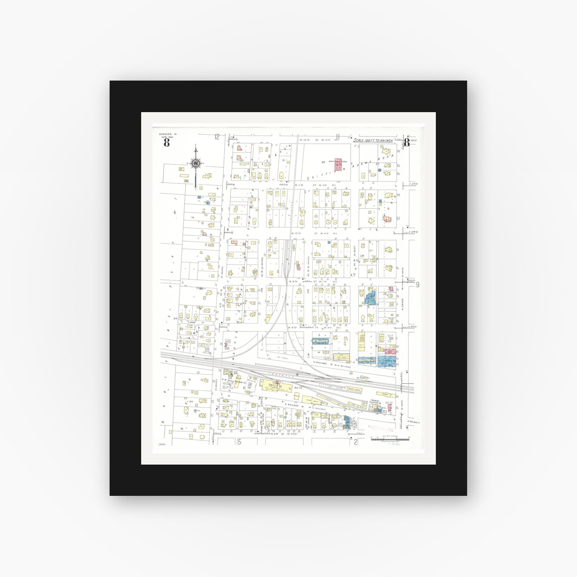 Old map wall art mockup — black gallery frame with white mat — Sanborn Fire Insurance Map from Spencer, Clay County, Iowa (1941), Sheet #0008