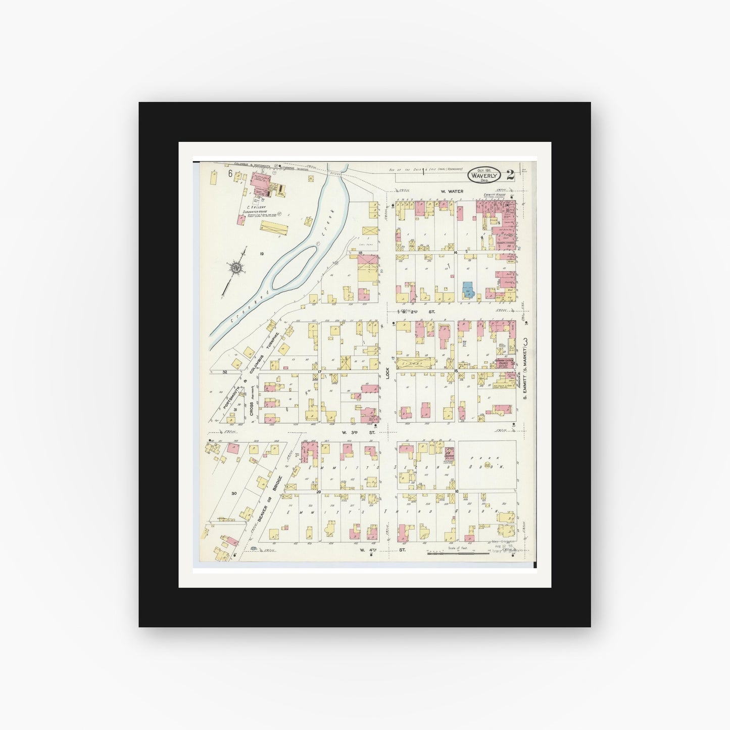 Old map wall art mockup — black gallery frame with white mat — Sanborn Fire Insurance Map from Waverly, Pike County, Ohio (1911), Sheet #0002