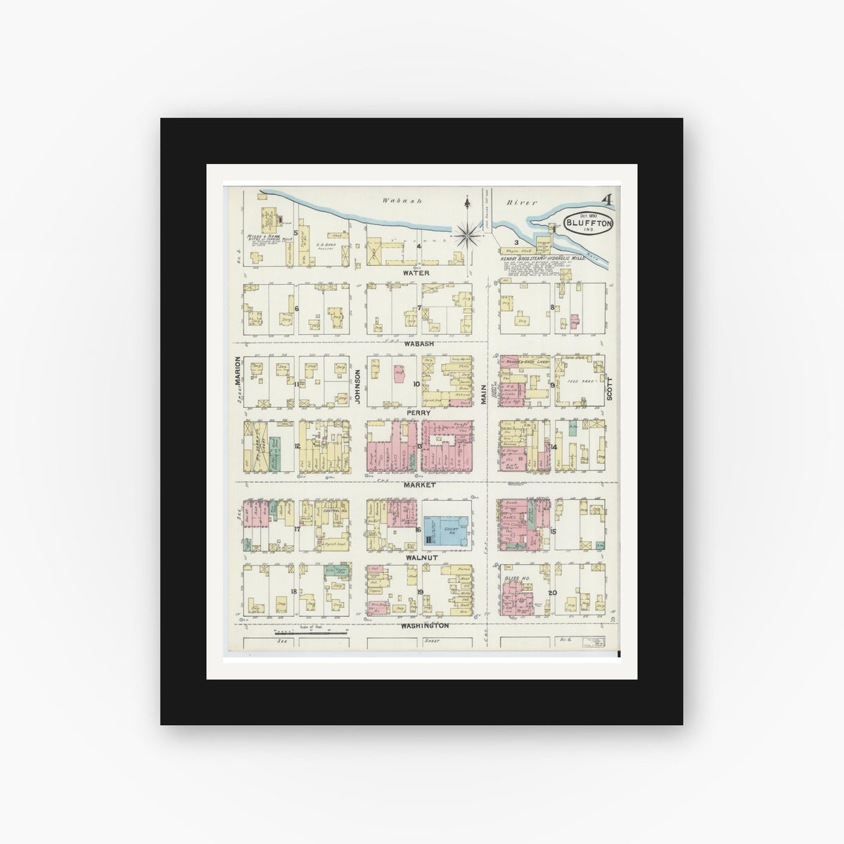 Old map wall art mockup — black gallery frame with white mat — Sanborn Fire Insurance Map from Bluffton, Wells County, Indiana (1890), Sheet #0004