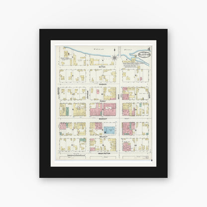 Old map wall art mockup — black gallery frame with white mat — Sanborn Fire Insurance Map from Bluffton, Wells County, Indiana (1890), Sheet #0004