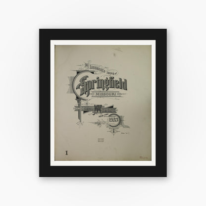 Old map wall art mockup — black gallery frame with white mat — Sanborn Fire Insurance Map from Springfield, Greene County, Missouri (1933), Sheet #0001