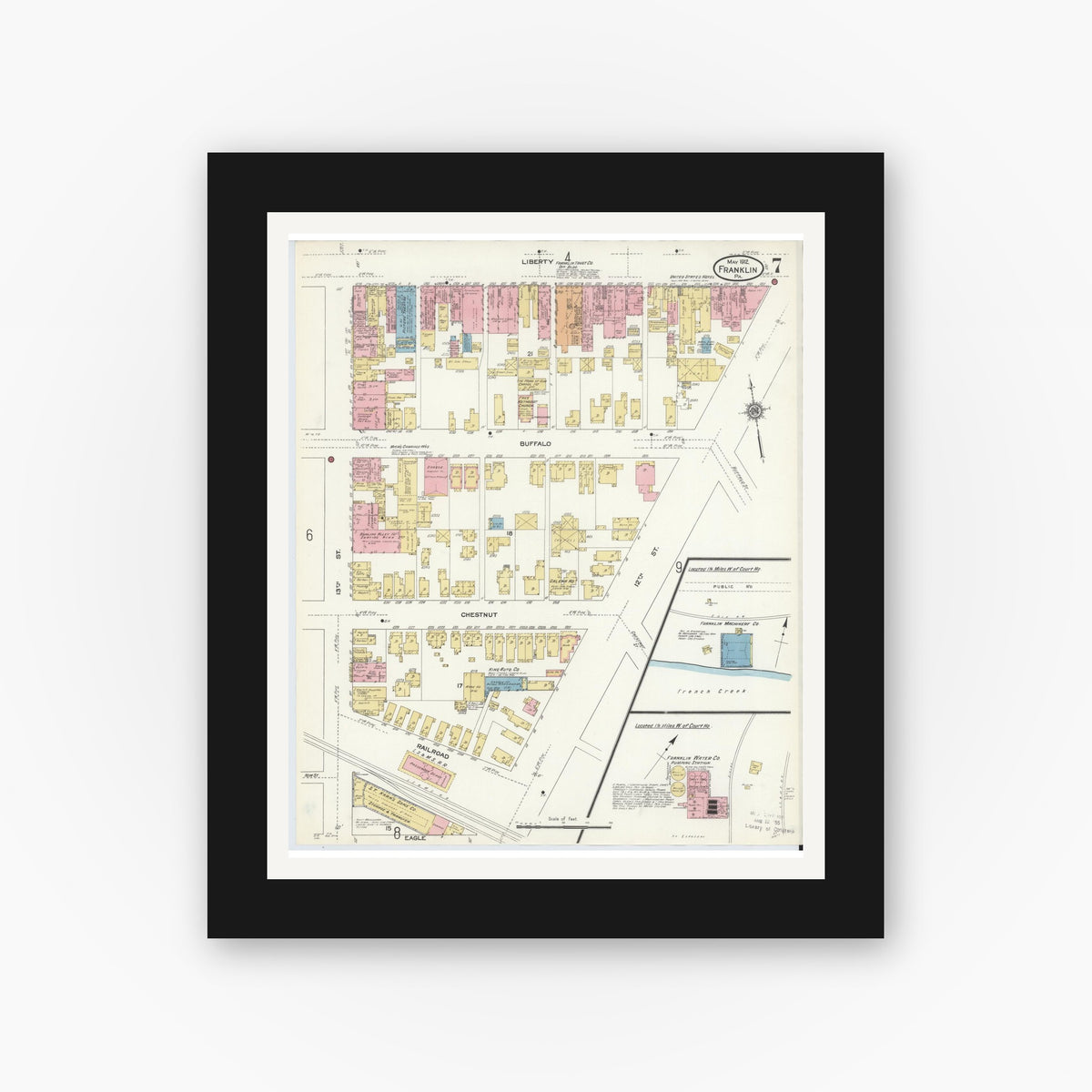 Old map wall art mockup — black gallery frame with white mat — Sanborn Fire Insurance Map from Franklin, Venango County, Pennsylvania (1912), Sheet #0007