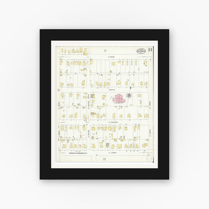 Old map wall art mockup — black gallery frame with white mat — Sanborn Fire Insurance Map from Sherman, Grayson County, Texas (1908), Sheet #0011