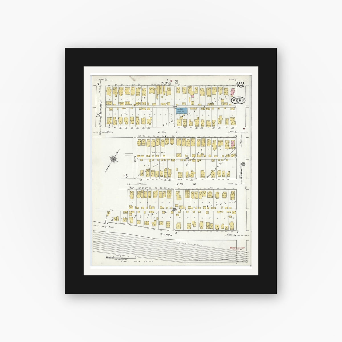 Old map wall art mockup — black gallery frame with white mat — Sanborn Fire Insurance Map from Peru, Miami County, Indiana (1920), Sheet #0022