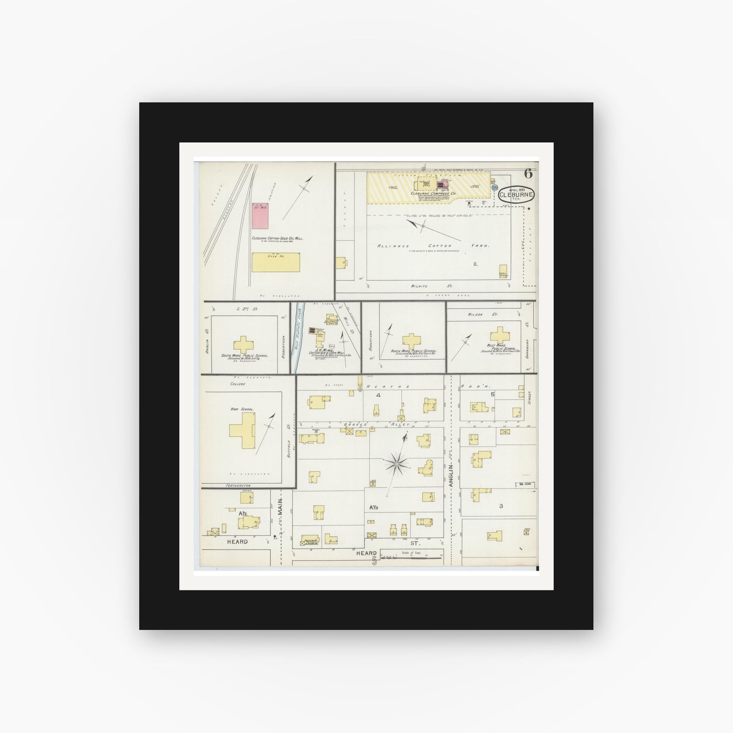 Old map wall art mockup — black gallery frame with white mat — Sanborn Fire Insurance Map from Cleburne, Johnson County, Texas (1893), Sheet #0006