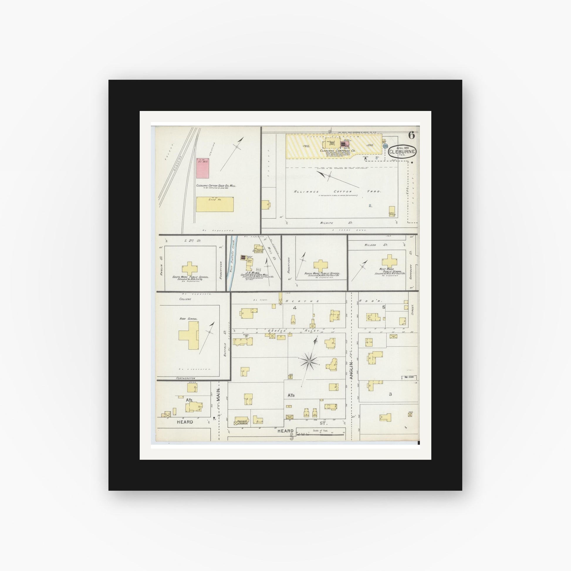 Old map wall art mockup — black gallery frame with white mat — Sanborn Fire Insurance Map from Cleburne, Johnson County, Texas (1893), Sheet #0006