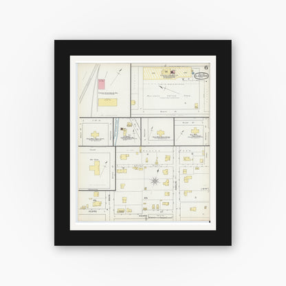 Old map wall art mockup — black gallery frame with white mat — Sanborn Fire Insurance Map from Cleburne, Johnson County, Texas (1893), Sheet #0006