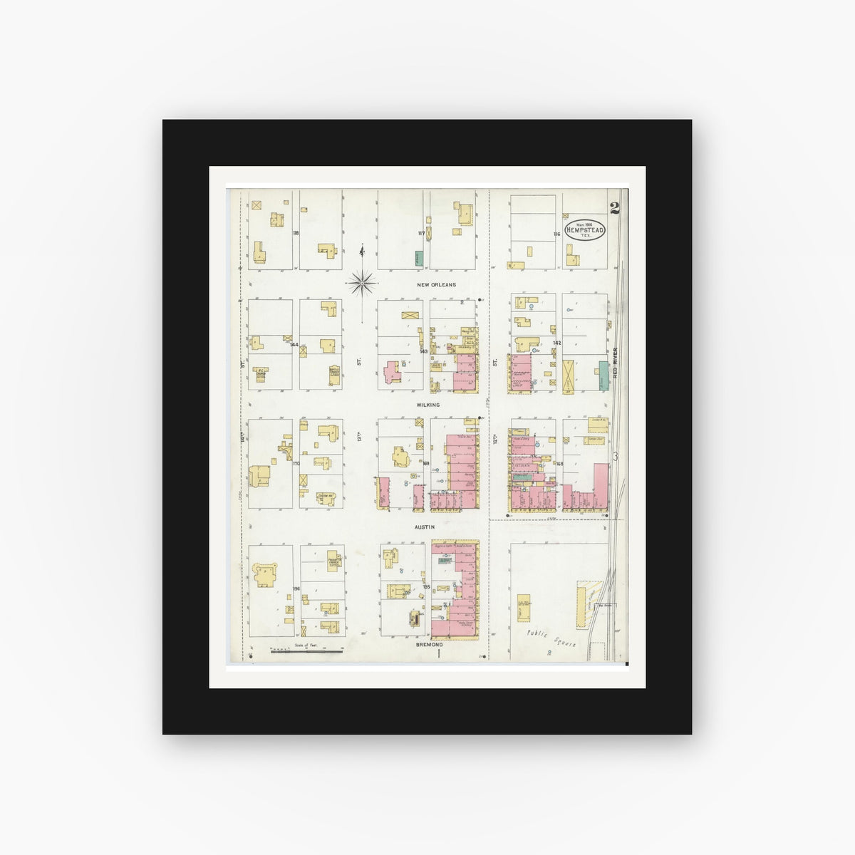 Old map wall art mockup — black gallery frame with white mat — Sanborn Fire Insurance Map from Hempstead, Waller County, Texas (1906), Sheet #0002