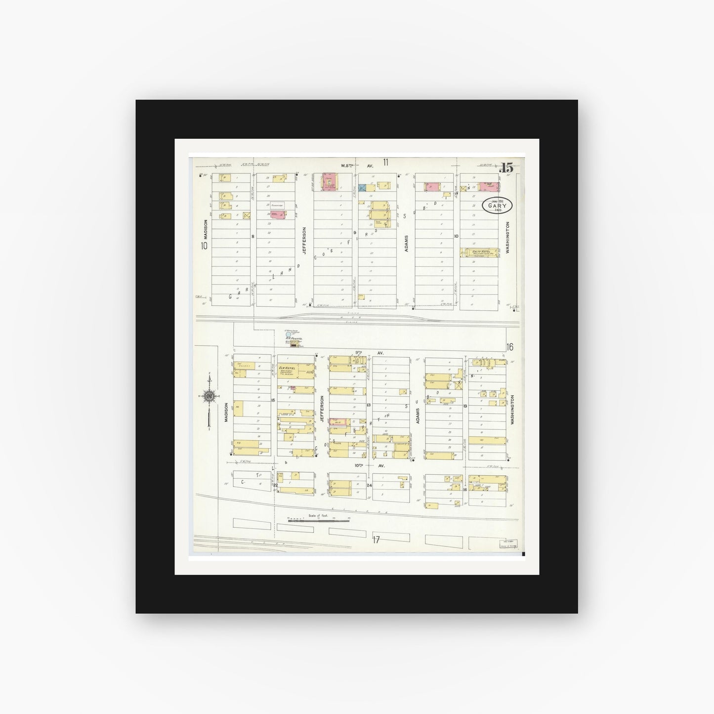 Old map wall art mockup — black gallery frame with white mat — Sanborn Fire Insurance Map from Gary, Lake County, Indiana (1911), Sheet #0015