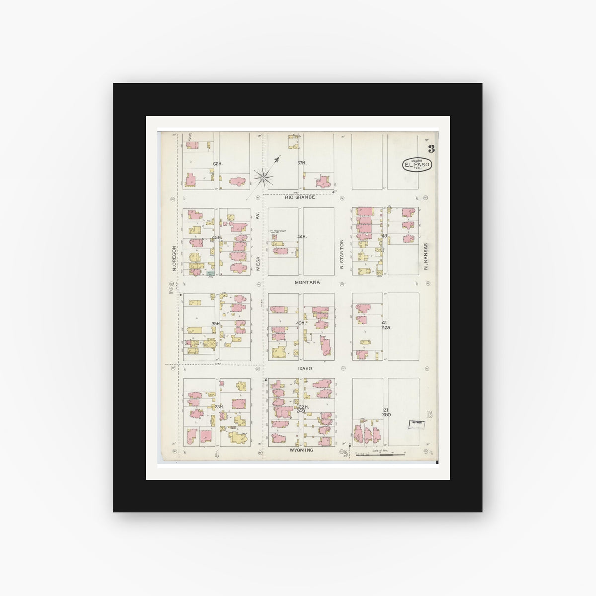 Old map wall art mockup — black gallery frame with white mat — Sanborn Fire Insurance Map from El Paso, El Paso County, Texas (1893), Sheet #0003