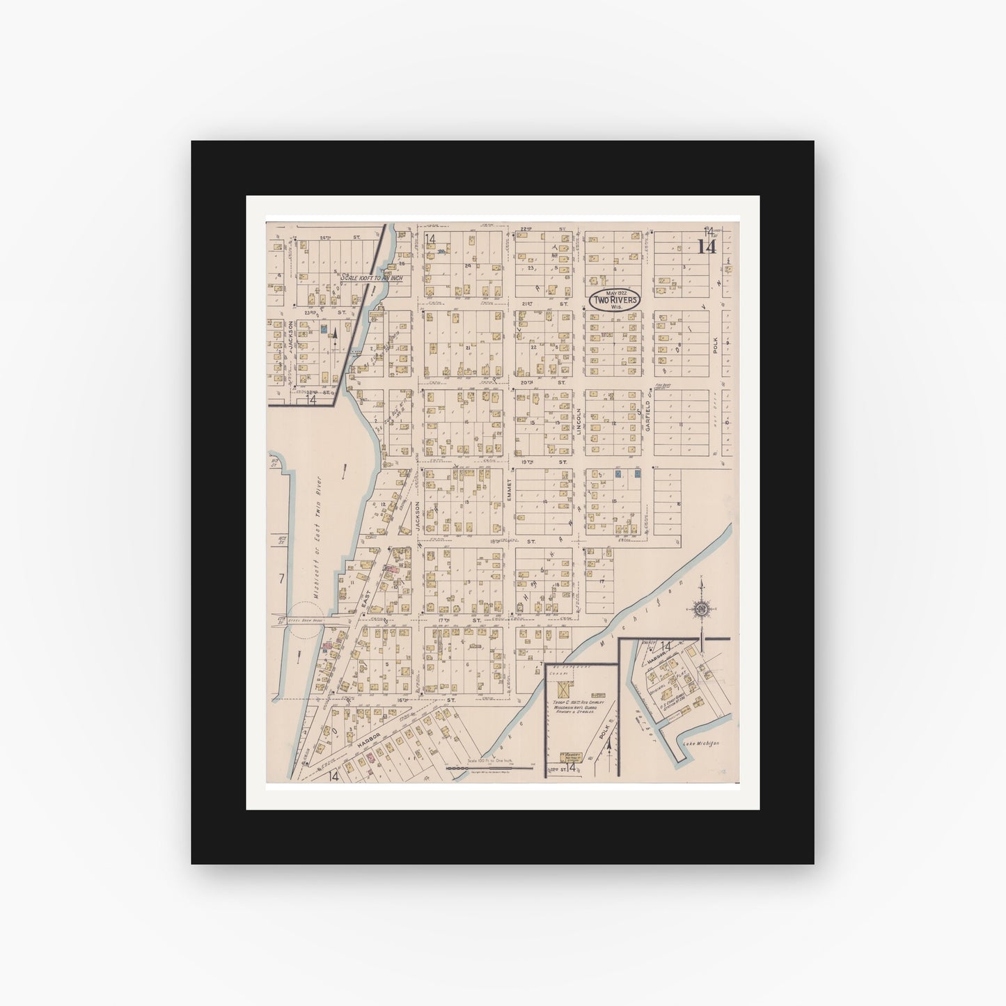 Old map wall art mockup — black gallery frame with white mat — Sanborn Fire Insurance Map from Two Rivers, Manitowoc County, Wisconsin (1922), Sheet #0014