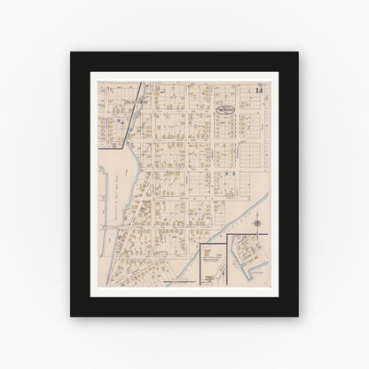 Old map wall art mockup — black gallery frame with white mat — Sanborn Fire Insurance Map from Two Rivers, Manitowoc County, Wisconsin (1922), Sheet #0014