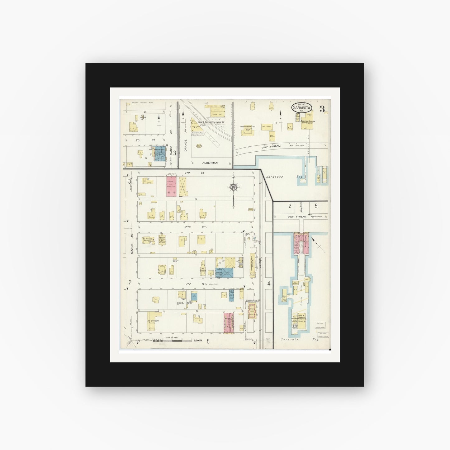 Old map wall art mockup — black gallery frame with white mat — Sanborn Fire Insurance Map from Sarasota, Sarasota County, Florida (1913), Sheet #0003