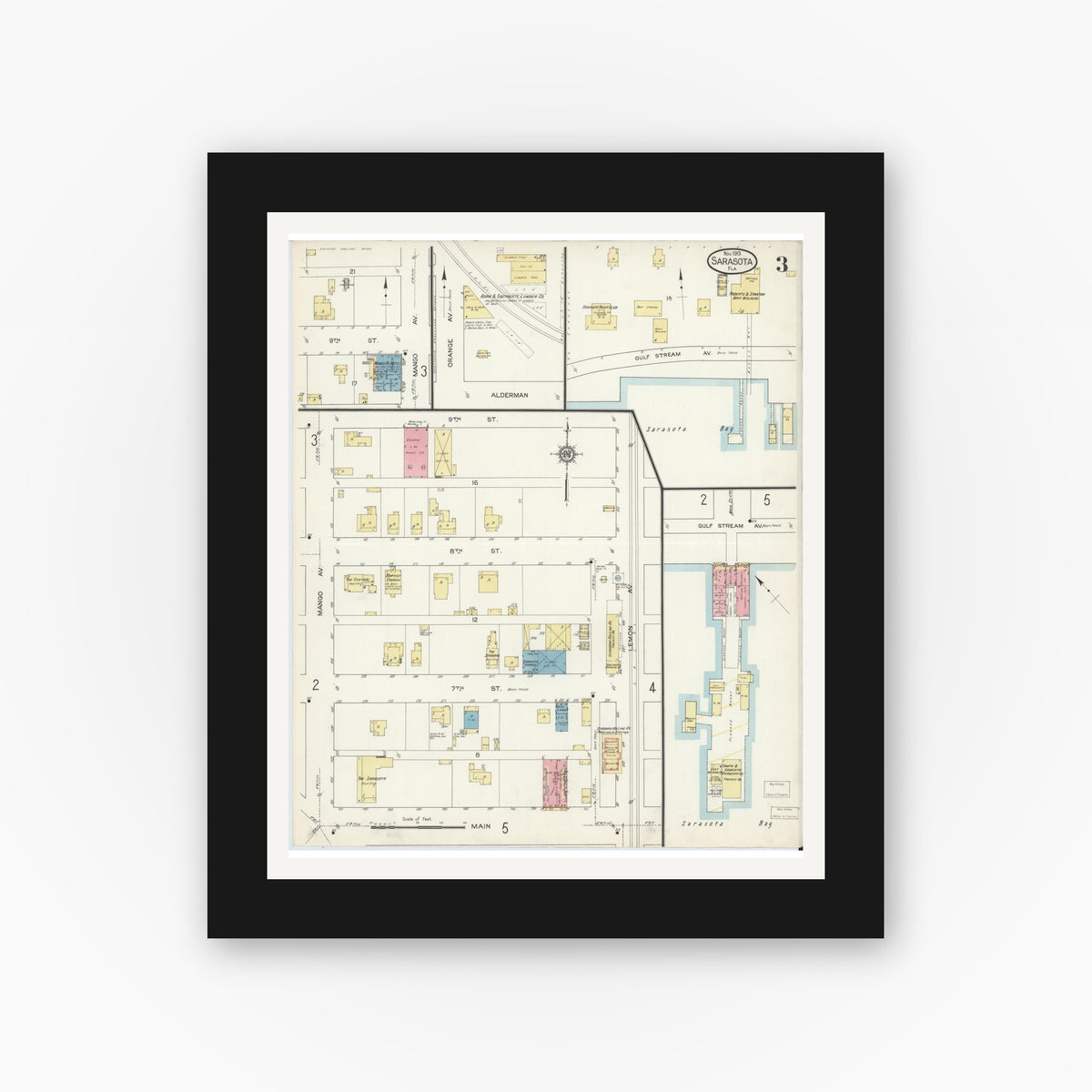 Old map wall art mockup — black gallery frame with white mat — Sanborn Fire Insurance Map from Sarasota, Sarasota County, Florida (1913), Sheet #0003