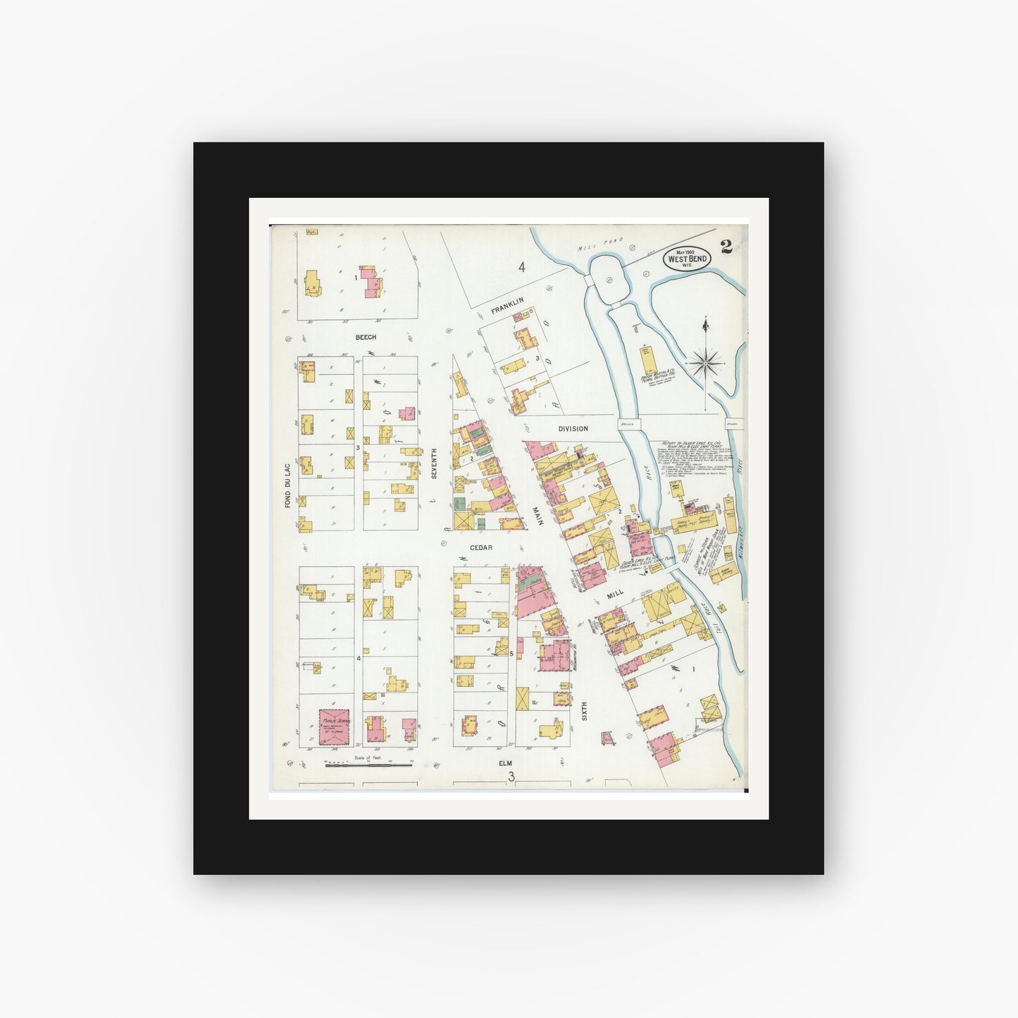Old map wall art mockup — black gallery frame with white mat — Sanborn Fire Insurance Map from West Bend, Washington County, Wisconsin (1900), Sheet #0002