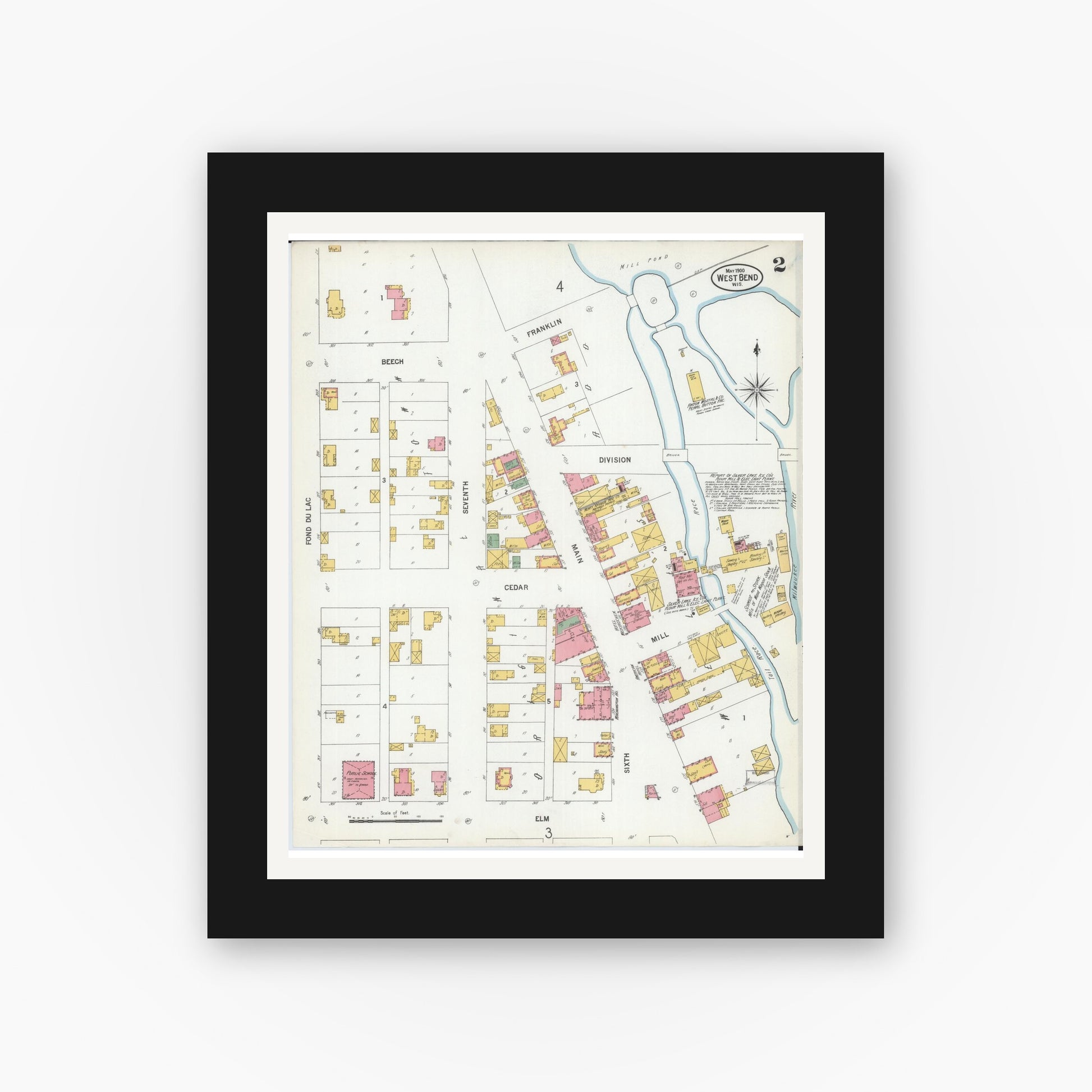 Old map wall art mockup — black gallery frame with white mat — Sanborn Fire Insurance Map from West Bend, Washington County, Wisconsin (1900), Sheet #0002