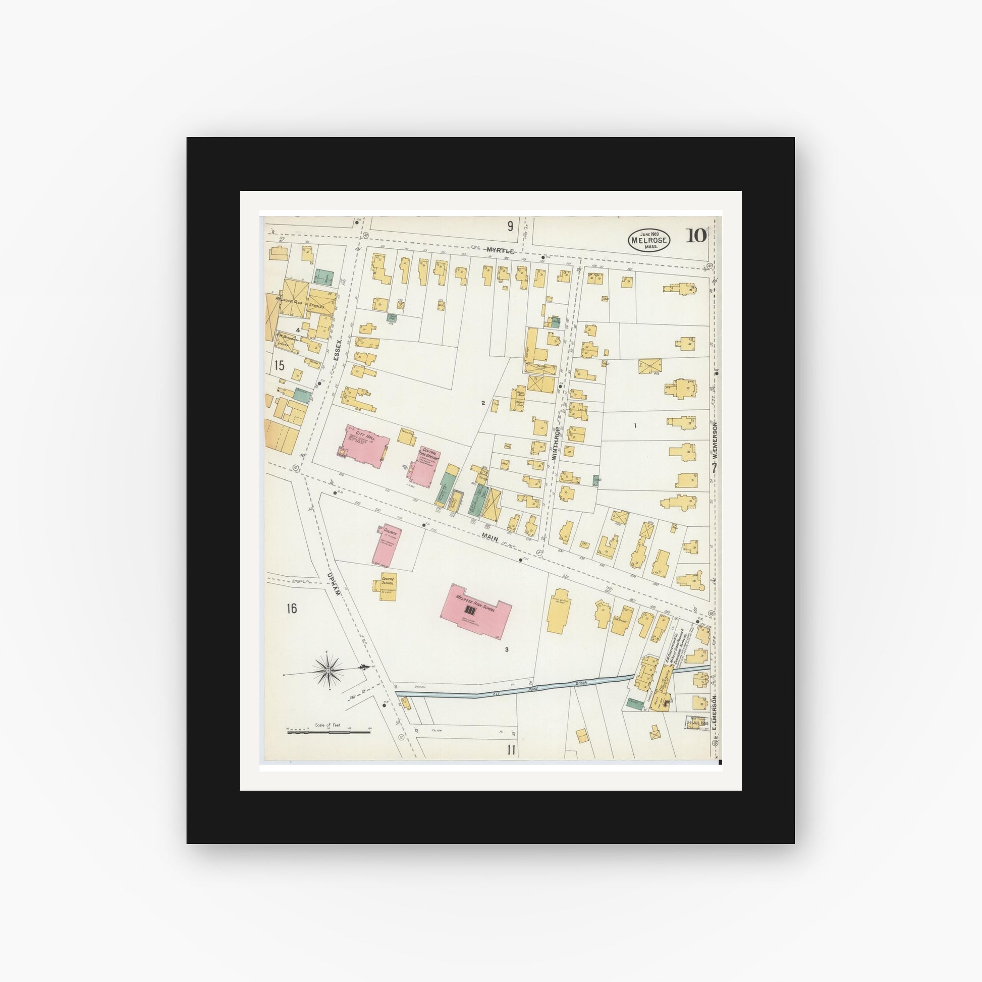 Old map wall art mockup — black gallery frame with white mat — Sanborn Fire Insurance Map from Melrose, Middlesex County, Massachusetts (1903), Sheet #0010