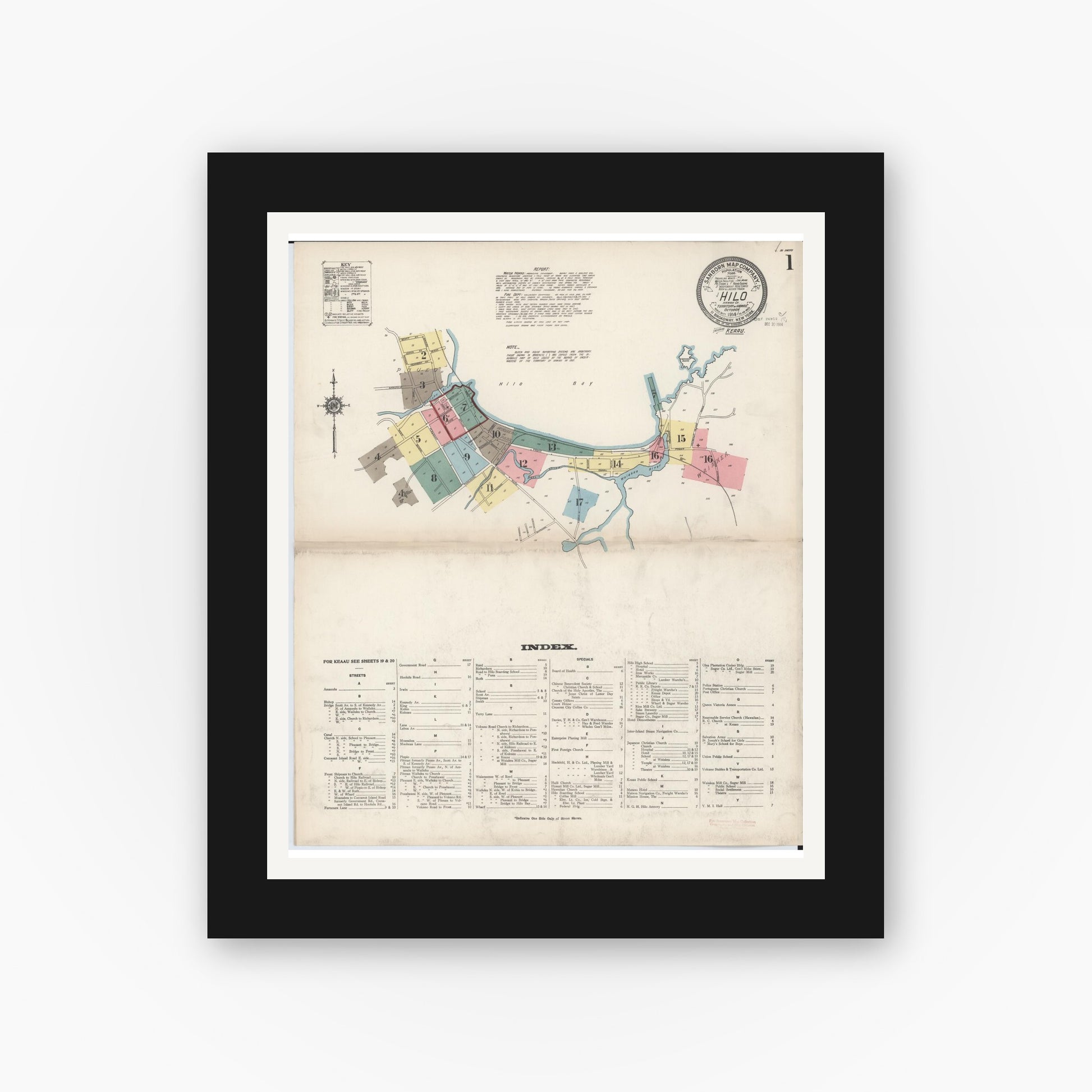 Old map wall art mockup — black gallery frame with white mat — Sanborn Fire Insurance Map from Hilo, Hawaii County, Hawaii (1914) — Complete Set