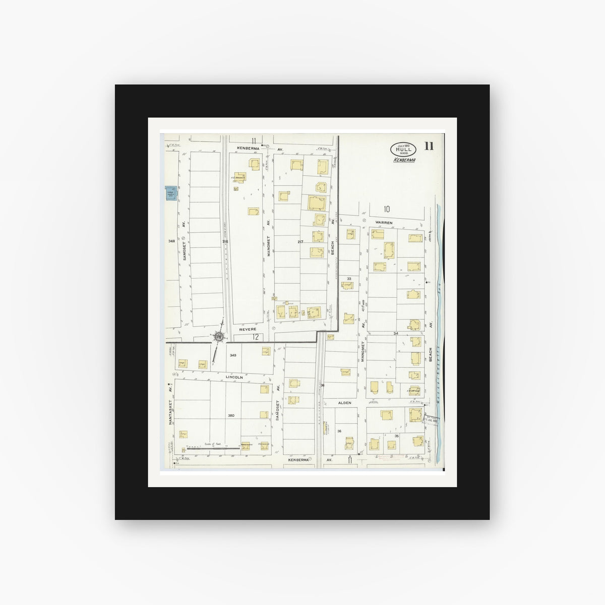 Old map wall art mockup — black gallery frame with white mat — Sanborn Fire Insurance Map from Hull, Plymouth County, Massachusetts (1910), Sheet #0011