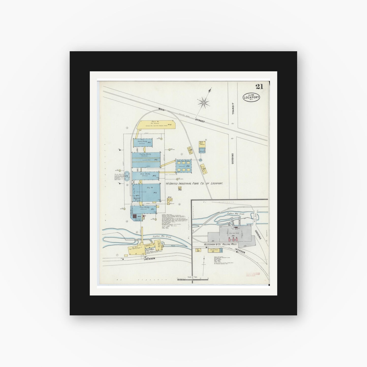 Old map wall art mockup — black gallery frame with white mat — Sanborn Fire Insurance Map from Lockport, Niagara County, New York (1898), Sheet #0021