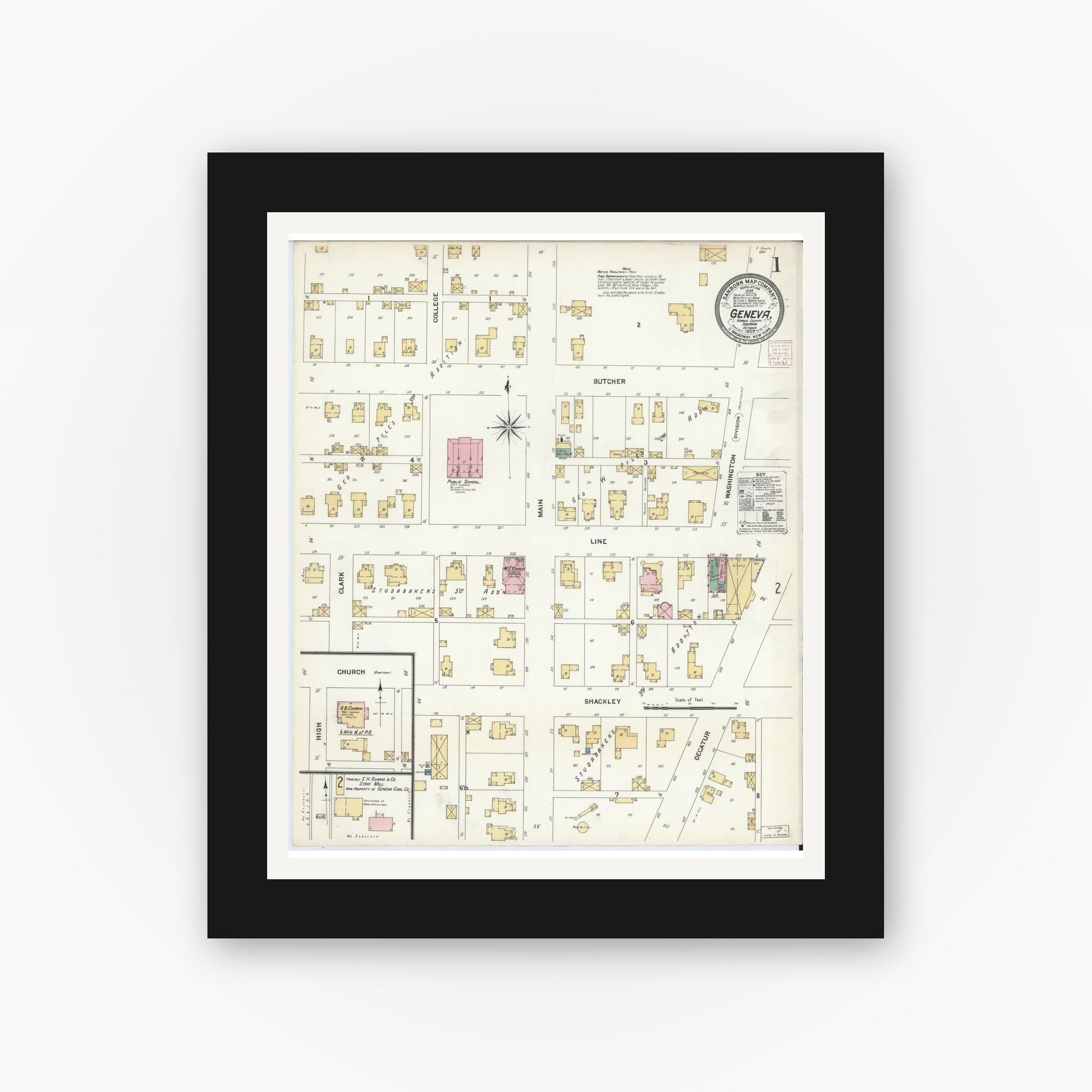 Old map wall art mockup — black gallery frame with white mat — Sanborn Fire Insurance Map from Geneva, Adams County, Indiana (1907) - Complete Map Set