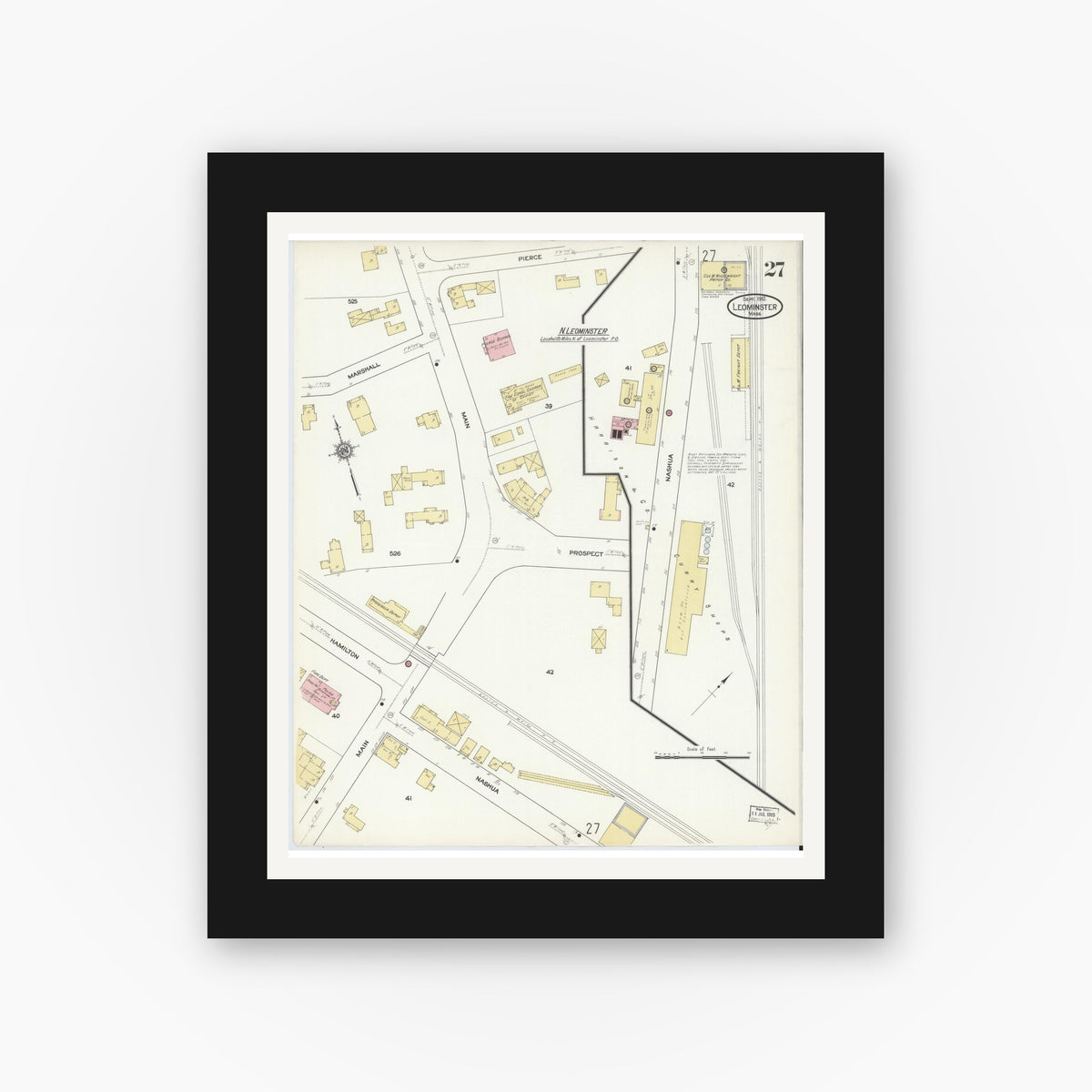 Old map wall art mockup — black gallery frame with white mat — Sanborn Fire Insurance Map from Leominster, Worcester County, Massachusetts (1912), Sheet #0027