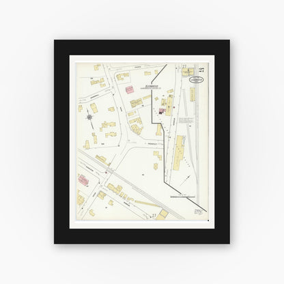 Old map wall art mockup — black gallery frame with white mat — Sanborn Fire Insurance Map from Leominster, Worcester County, Massachusetts (1912), Sheet #0027