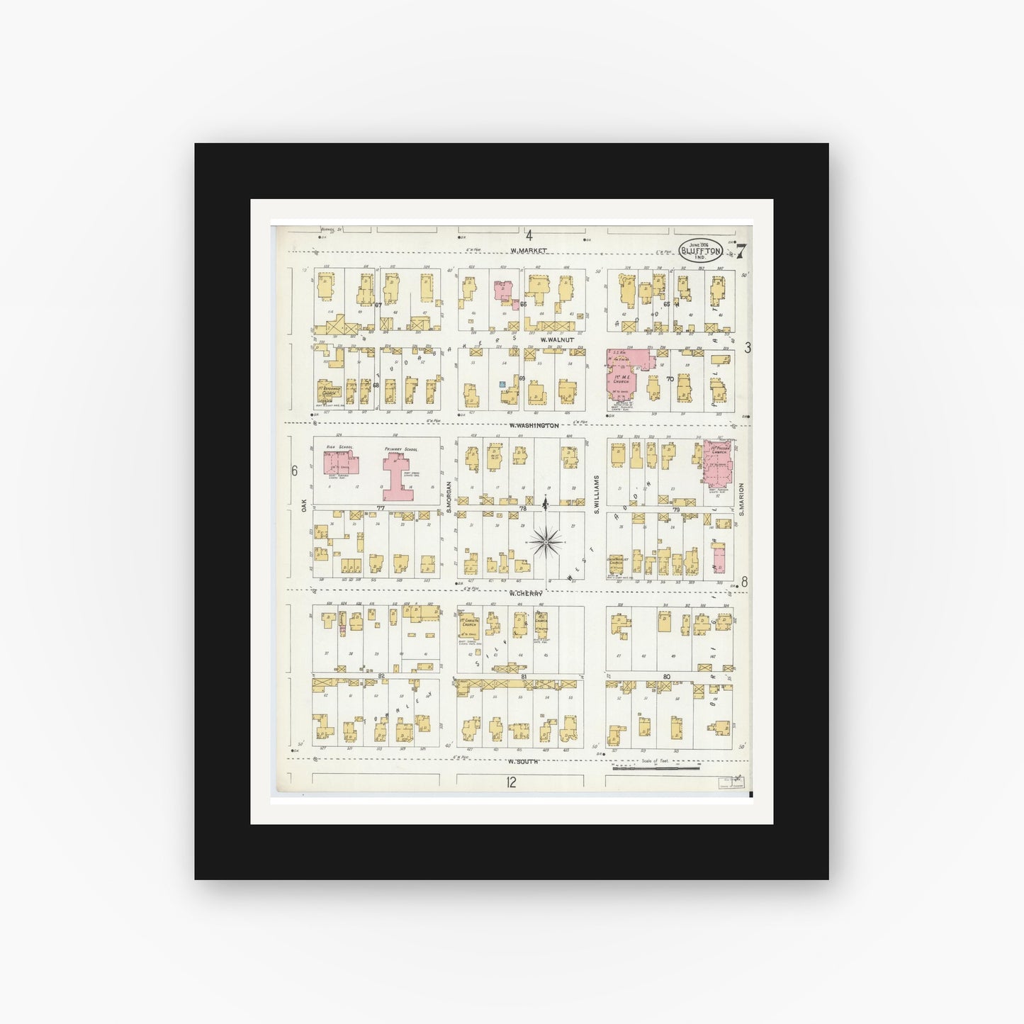 Old map wall art mockup — black gallery frame with white mat — Sanborn Fire Insurance Map from Bluffton, Wells County, Indiana (1906), Sheet #0007