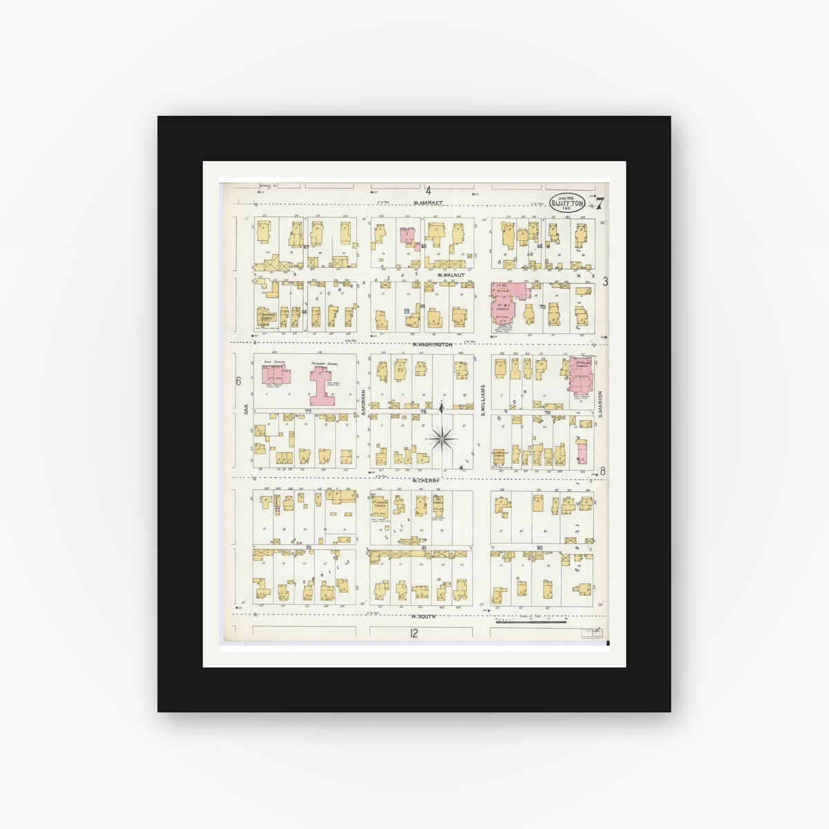 Old map wall art mockup — black gallery frame with white mat — Sanborn Fire Insurance Map from Bluffton, Wells County, Indiana (1906), Sheet #0007