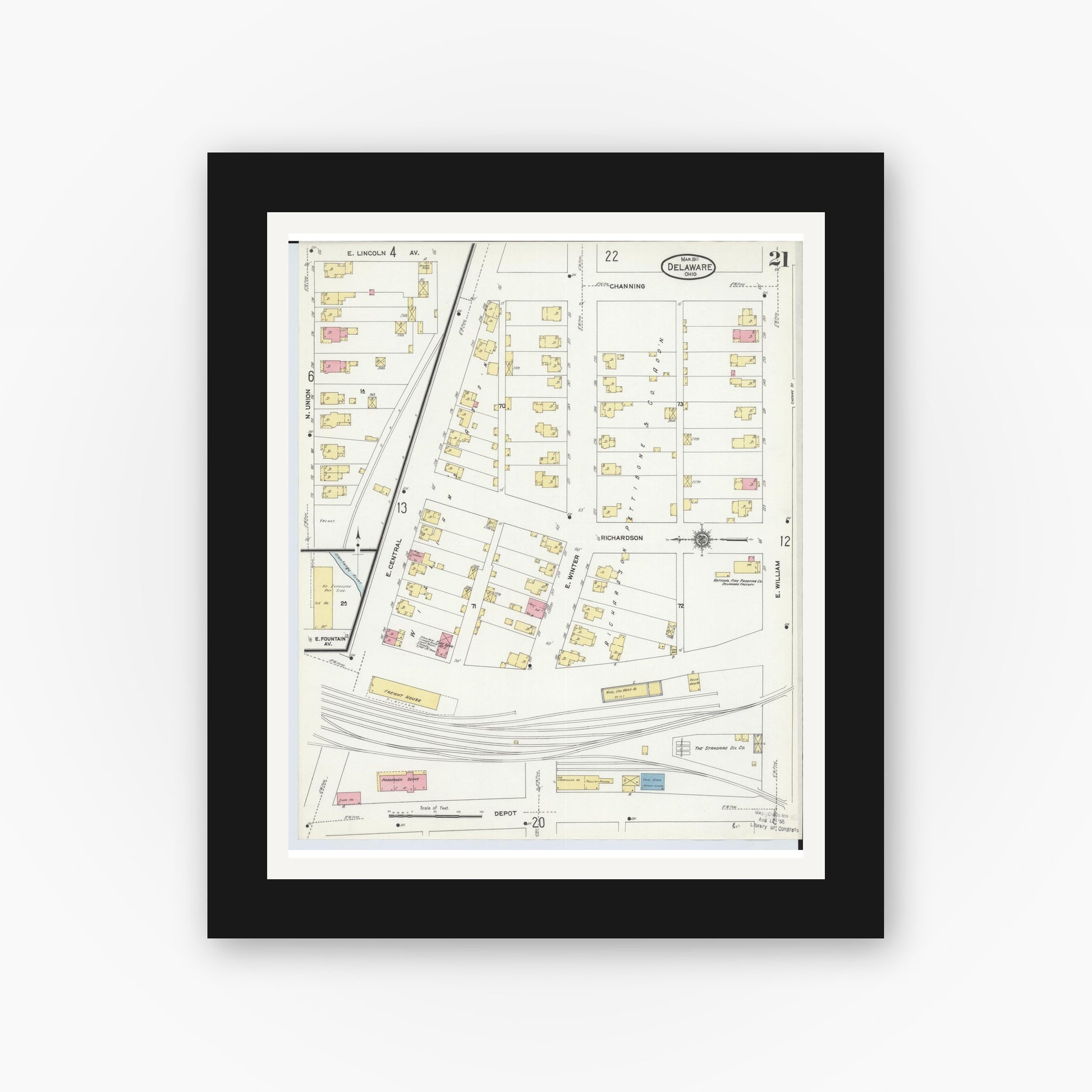 Old map wall art mockup — black gallery frame with white mat — Sanborn Fire Insurance Map from Delaware, Delaware County, Ohio (1911), Sheet #0021