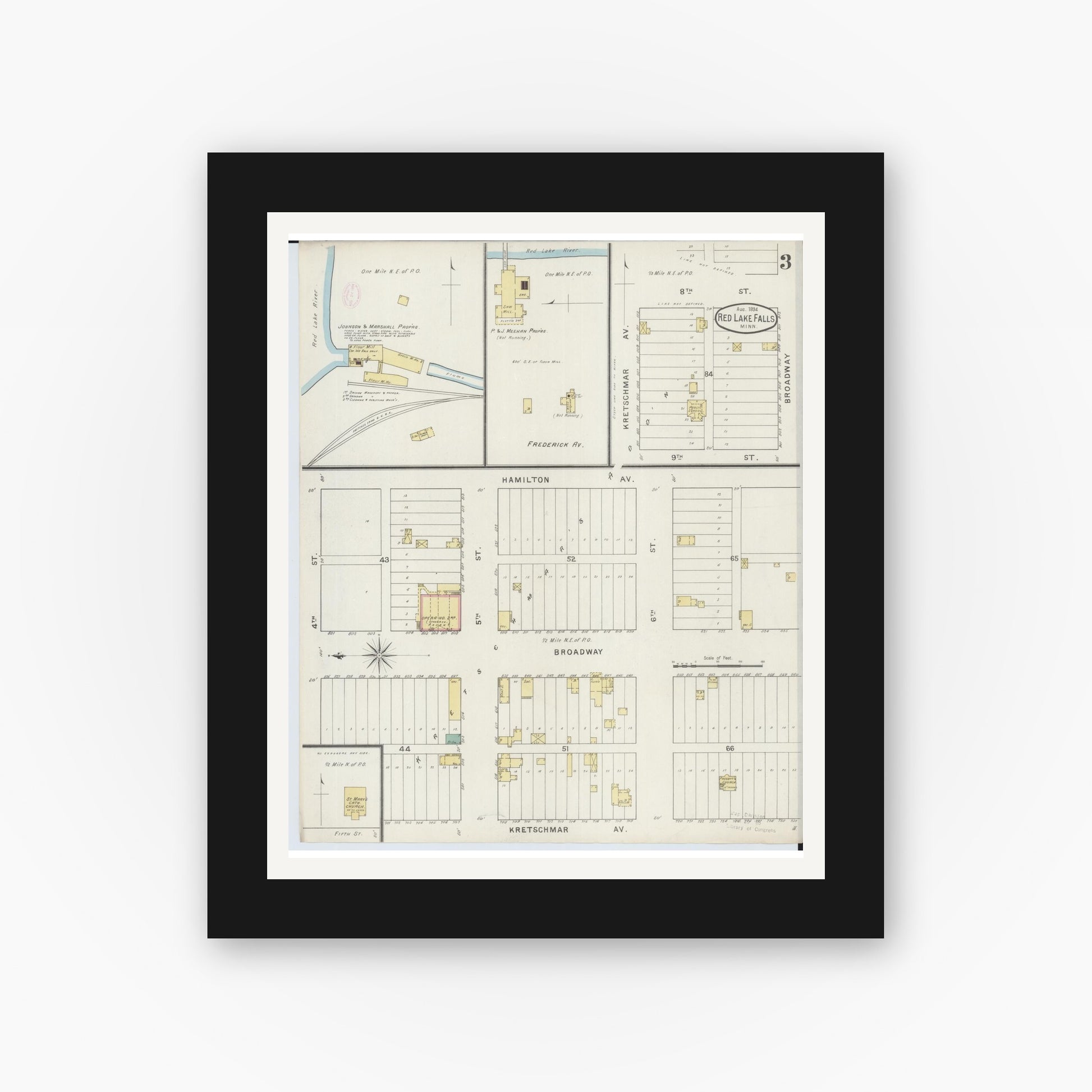 Old map wall art mockup — black gallery frame with white mat — Sanborn Fire Insurance Map from Red Lake Falls, Red Lake County, Minnesota (1894), Sheet #0003