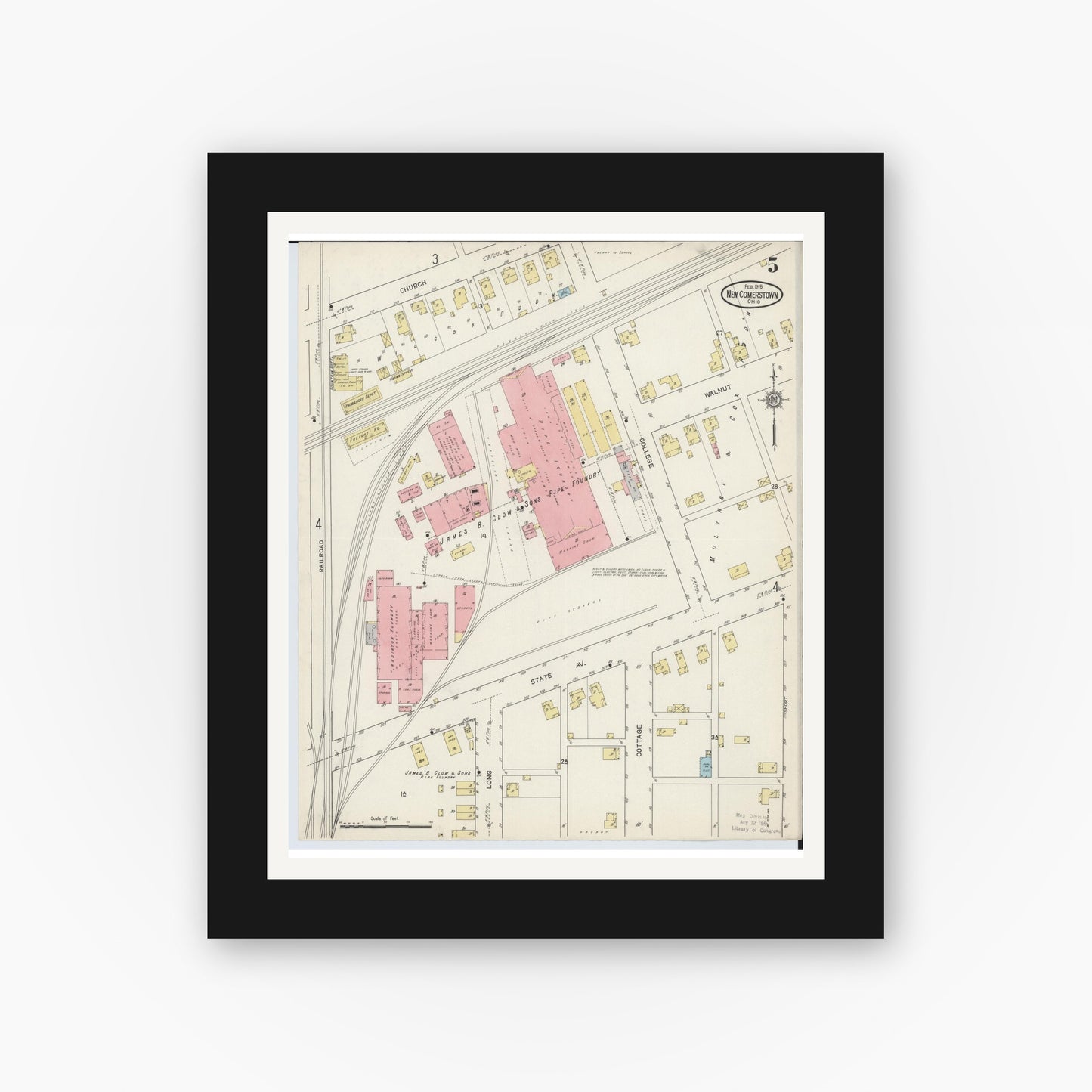 Old map wall art mockup — black gallery frame with white mat — Sanborn Fire Insurance Map from Newcomerstown, Tuscarawas County, Ohio (1915), Sheet #0005