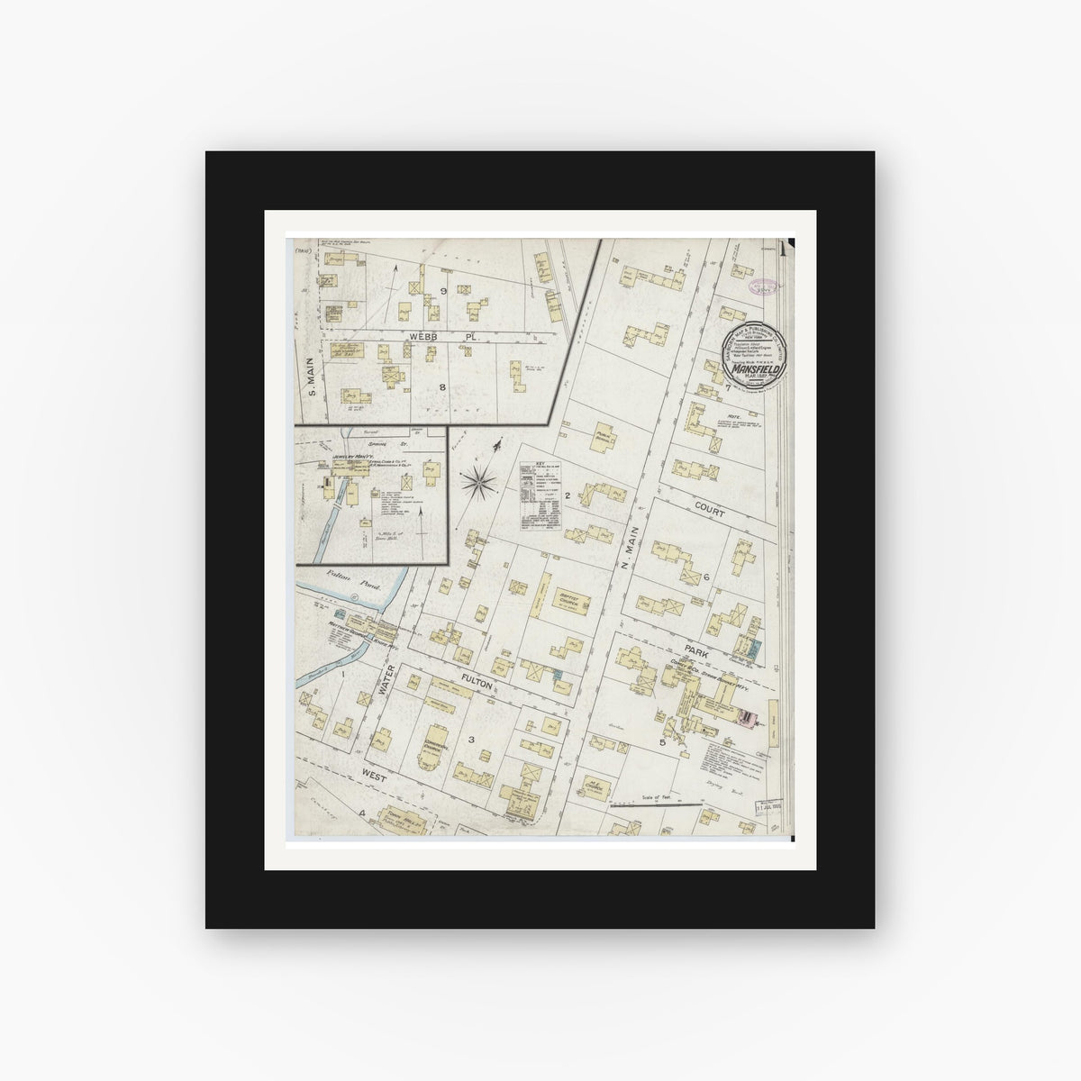 Old map wall art mockup — black gallery frame with white mat — Sanborn Fire Insurance Map from Mansfield, Bristol County, Massachusetts (1887) - Complete Map Set