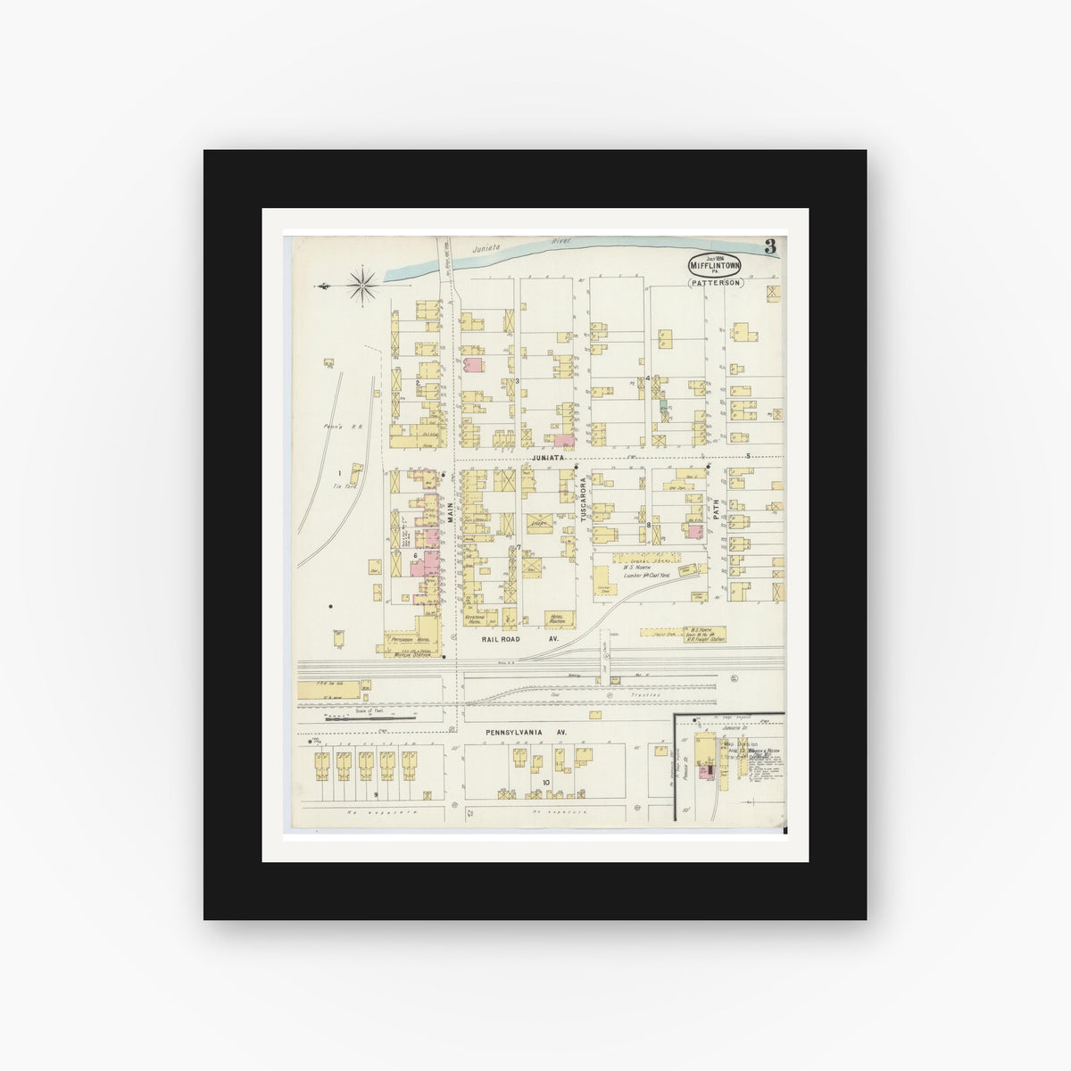 Old map wall art mockup — black gallery frame with white mat — Sanborn Fire Insurance Map from Mifflintown, Juniata County, Pennsylvania (1896), Sheet #0003
