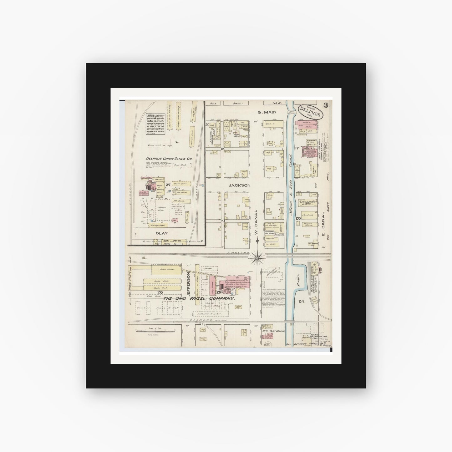 Old map wall art mockup — black gallery frame with white mat — Sanborn Fire Insurance Map from Delphos, Van Wert And Allen Counties, Ohio (1884), Sheet #0003