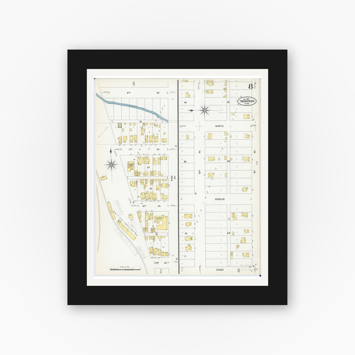 Old map wall art mockup — black gallery frame with white mat — Sanborn Fire Insurance Map from Two Harbors, Lake County, Minnesota (1907), Sheet #0008