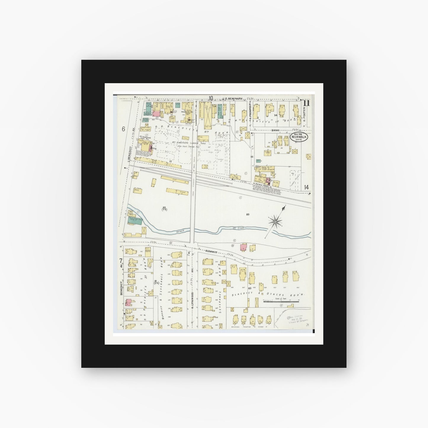Old map wall art mockup — black gallery frame with white mat — Sanborn Fire Insurance Map from Norwalk, Huron County, Ohio (1906), Sheet #0011
