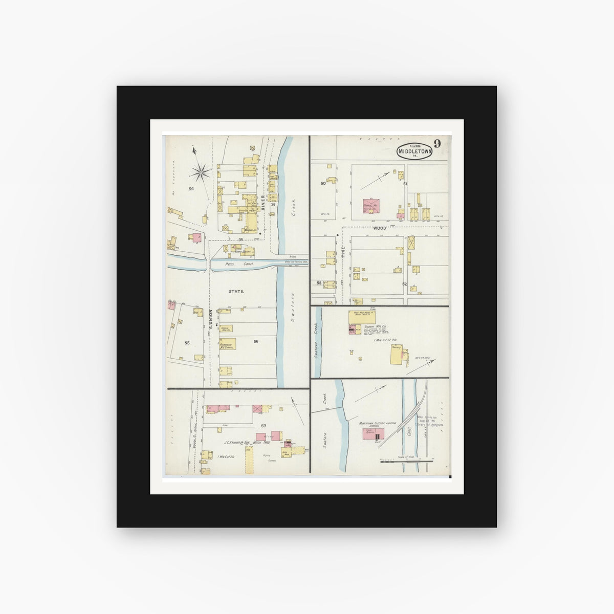 Old map wall art mockup — black gallery frame with white mat — Sanborn Fire Insurance Map from Middletown, Dauphin County, Pennsylvania (1896), Sheet #0009