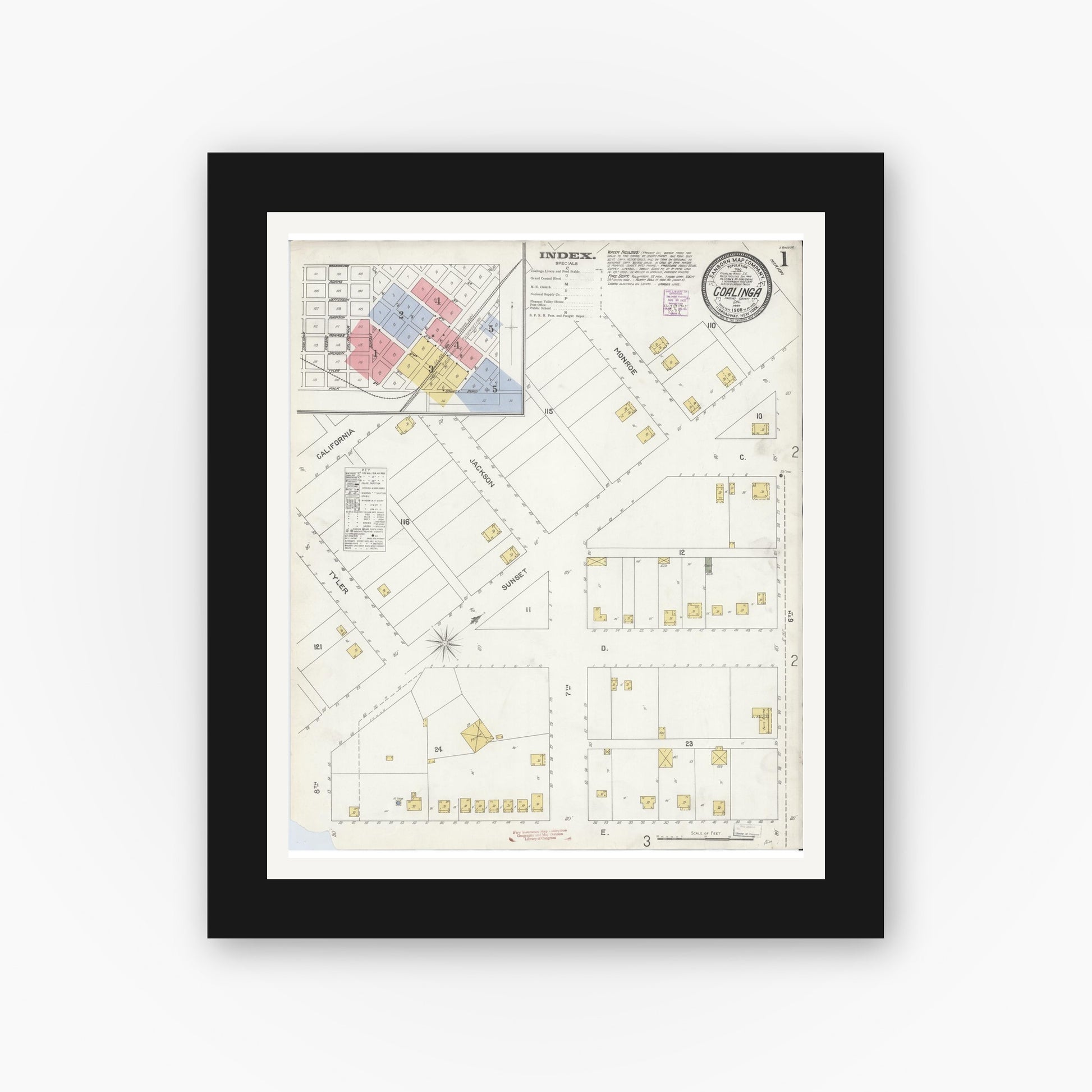 Old map wall art mockup — black gallery frame with white mat — Sanborn Fire Insurance Map from Coalinga, Fresno County, California (1905), Sheet #0001