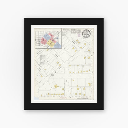 Old map wall art mockup — black gallery frame with white mat — Sanborn Fire Insurance Map from Coalinga, Fresno County, California (1905), Sheet #0001