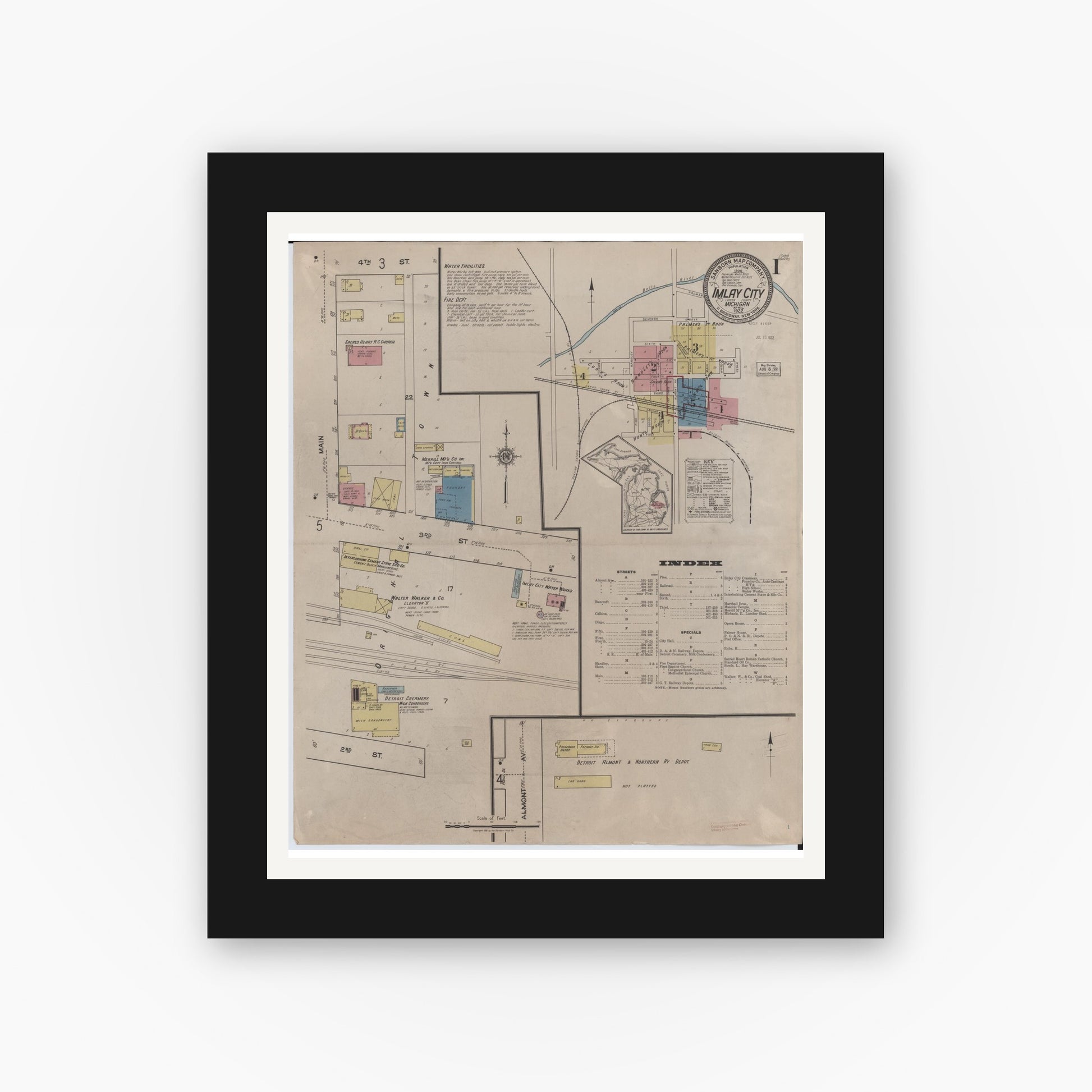 Old map wall art mockup — black gallery frame with white mat — Sanborn Fire Insurance Map from Imlay City, Lapeer County, Michigan (1922) - Complete Map Set