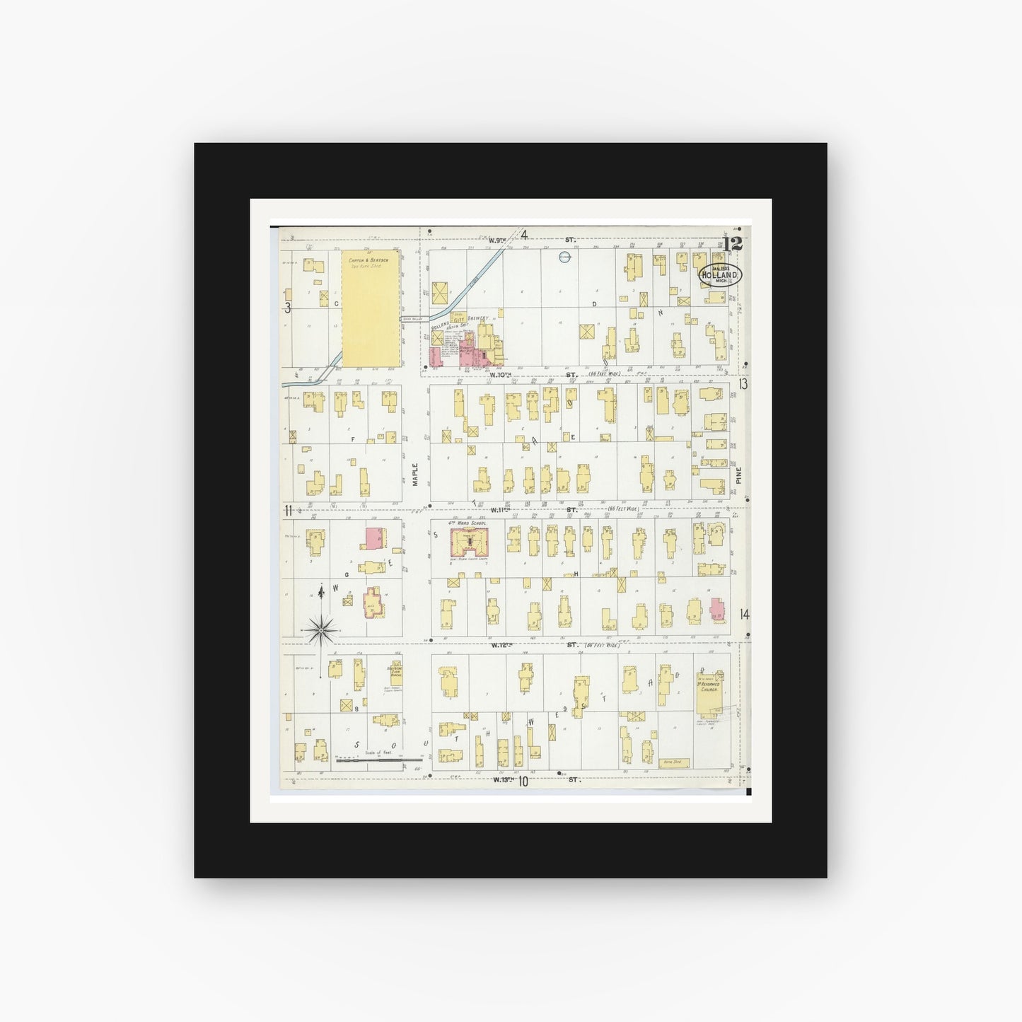 Old map wall art mockup — black gallery frame with white mat — Sanborn Fire Insurance Map from Holland, Ottawa County, Michigan (1902), Sheet #0012