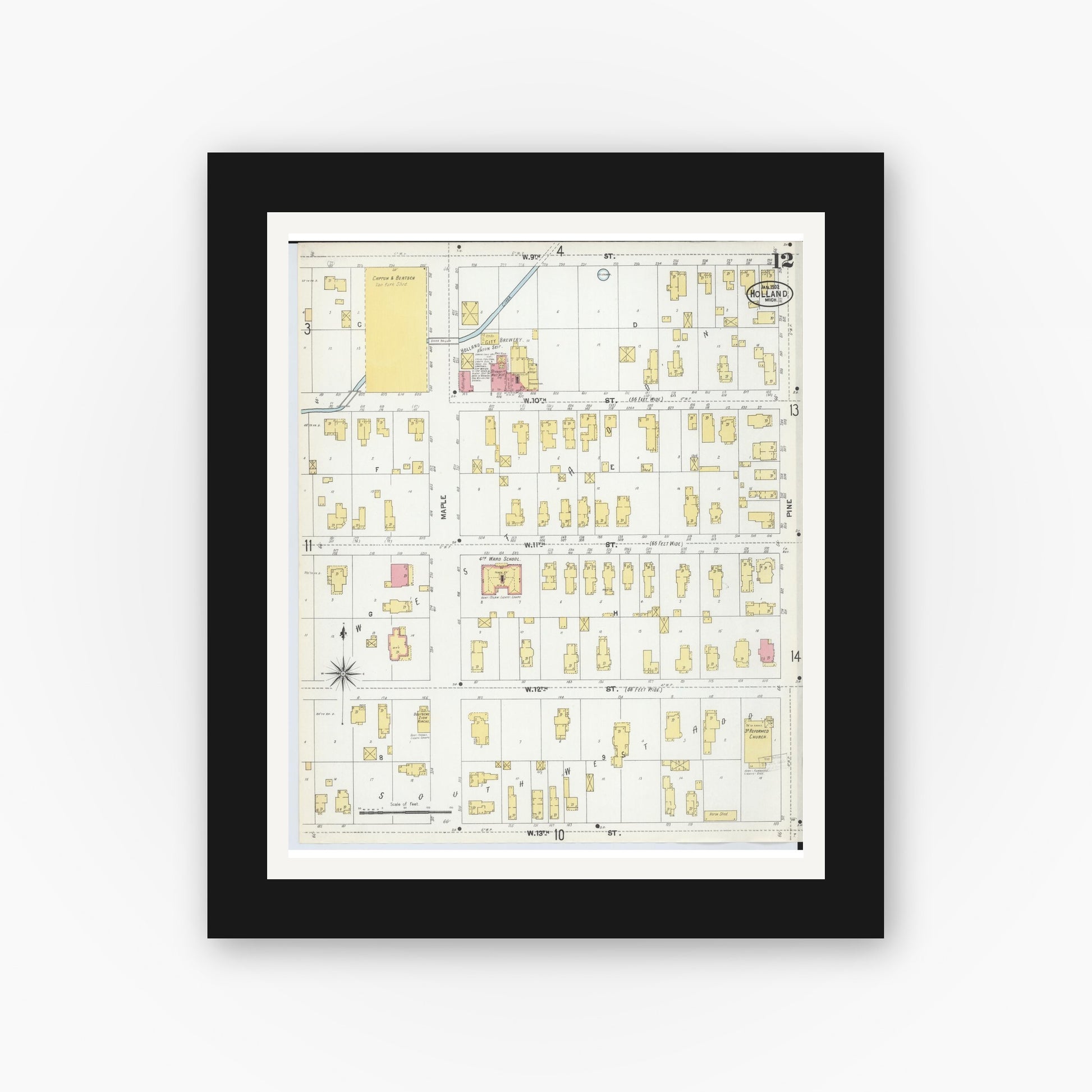Old map wall art mockup — black gallery frame with white mat — Sanborn Fire Insurance Map from Holland, Ottawa County, Michigan (1902), Sheet #0012