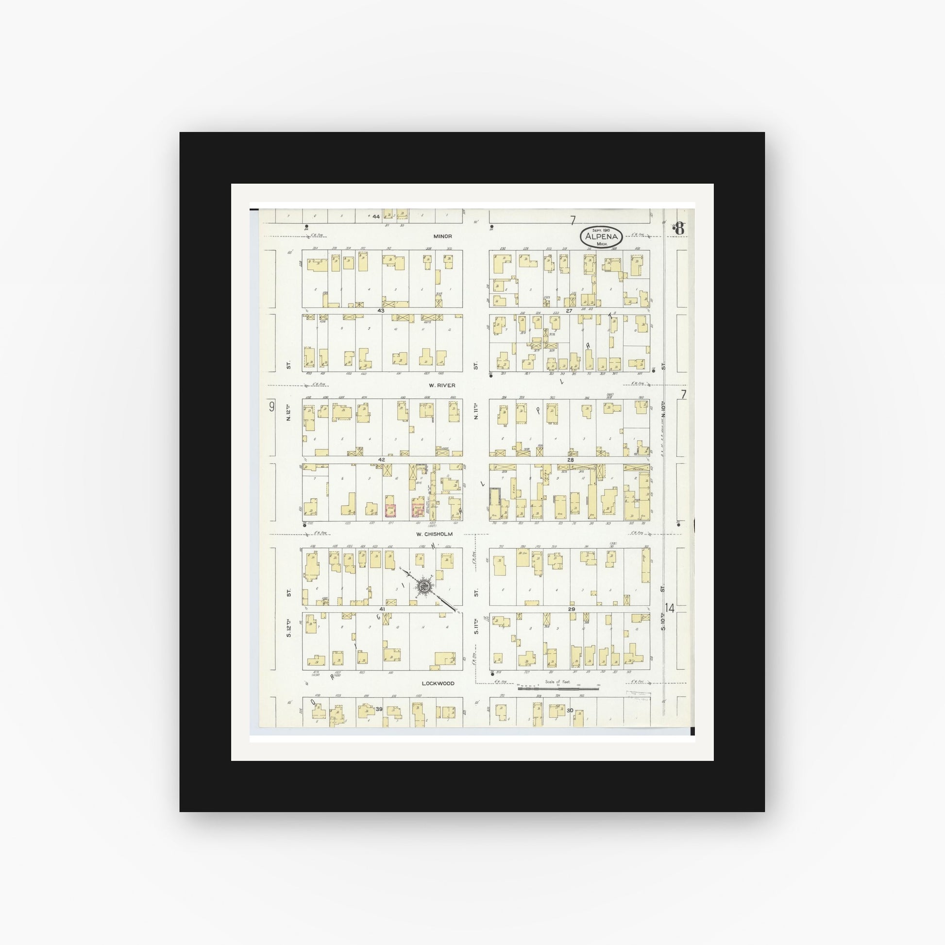 Old map wall art mockup — black gallery frame with white mat — Sanborn Fire Insurance Map from Alpena, Alpena County, Michigan (1910), Sheet #0008