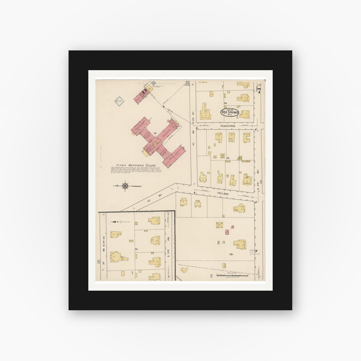 Old map wall art mockup — black gallery frame with white mat — Sanborn Fire Insurance Map from Red Springs, Robeson County, North Carolina (1922), Sheet #0007