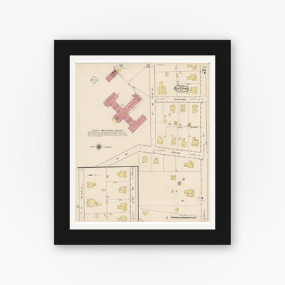 Old map wall art mockup — black gallery frame with white mat — Sanborn Fire Insurance Map from Red Springs, Robeson County, North Carolina (1922), Sheet #0007