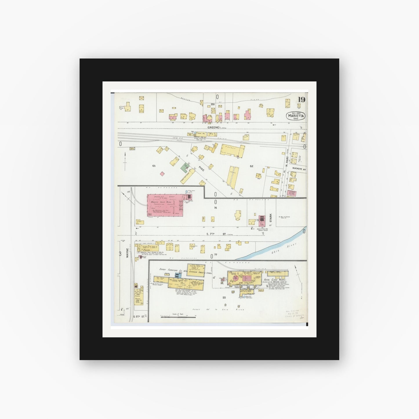 Old map wall art mockup — black gallery frame with white mat — Sanborn Fire Insurance Map from Marietta, Washington County, Ohio (1900), Sheet #0019