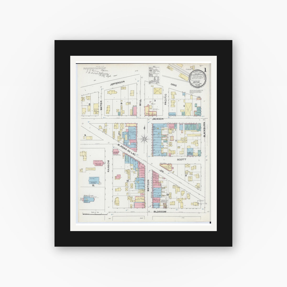 Old map wall art mockup — black gallery frame with white mat — Sanborn Fire Insurance Map from Ripon, Fond du Lac County, Wisconsin (1892), Sheet #0001