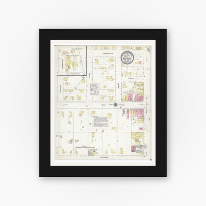 Old map wall art mockup — black gallery frame with white mat — Sanborn Fire Insurance Map from Roseville, Warren County, Illinois (1910), Sheet #0001